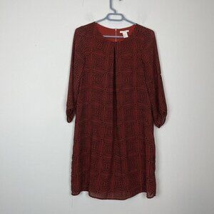 H&M Woman’s Geometric Front Pleated Sheath Dress 3/4 Sleeve Size 6 Red Black